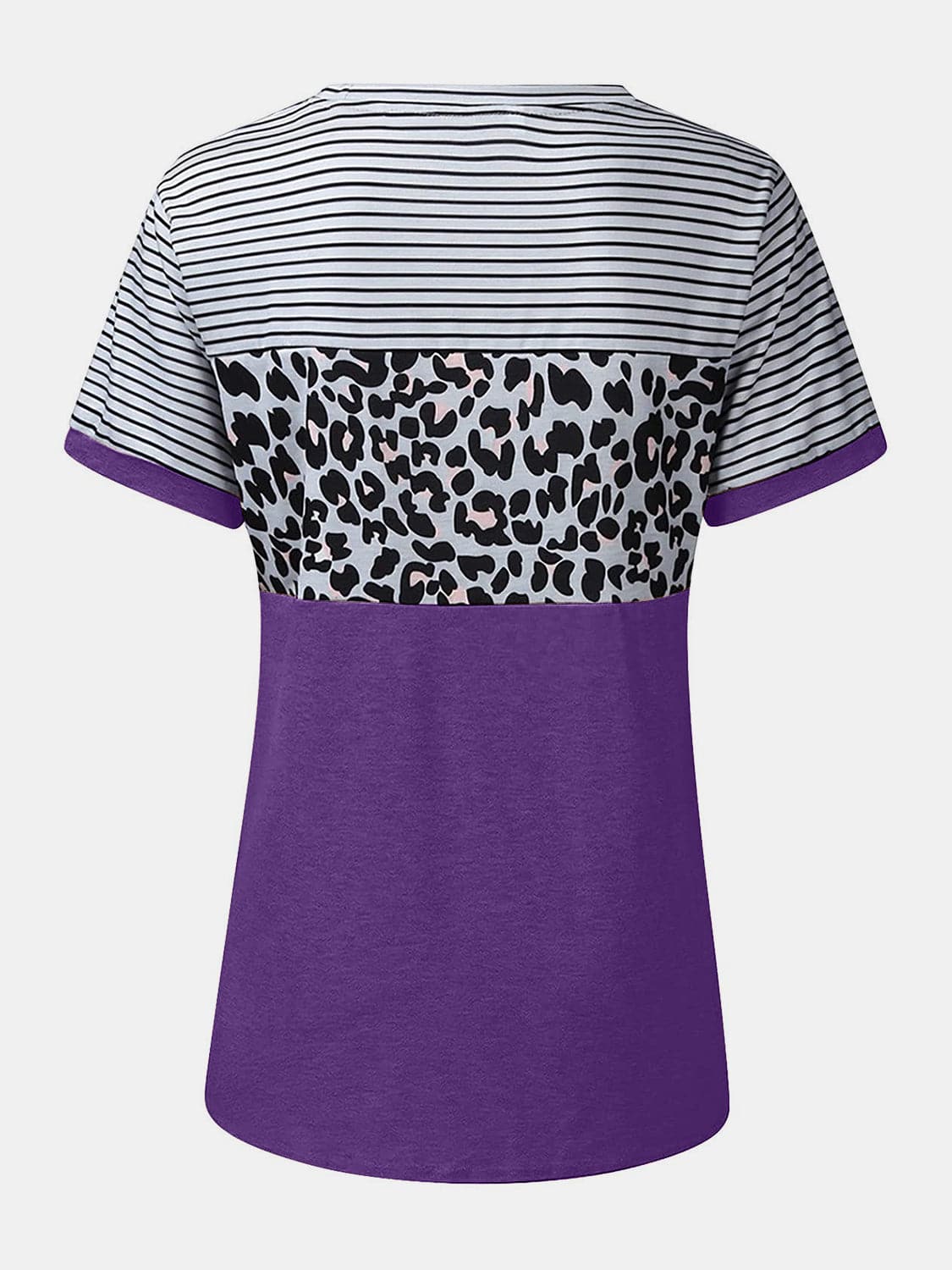 Full Size Striped Leopard Round Neck Short Sleeve T-Shirt.