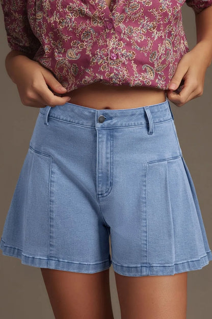 Pleated Patchwork Panel Lightweight Denim Shorts