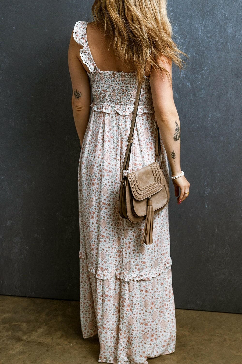 Ruffled Smocked Printed Sleeveless Maxi Dress.