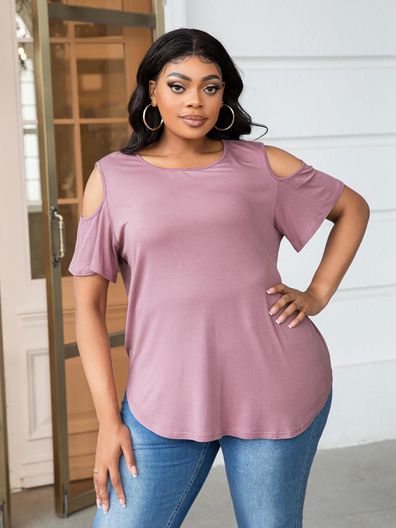 Plus Size Cold-Shoulder Round Neck Curved Hem Tee.