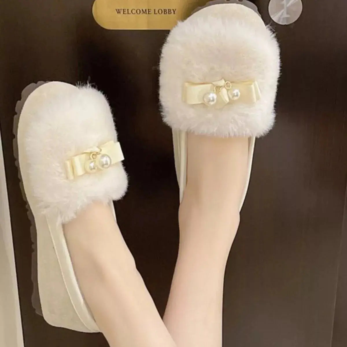 Fuzzy Pearl Bowknot Slip-Ons Simply Love