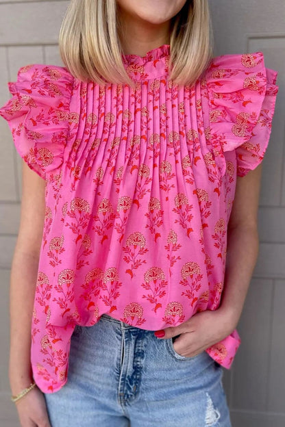 Ruffled Printed Mock Neck Cap Sleeve Blouse.