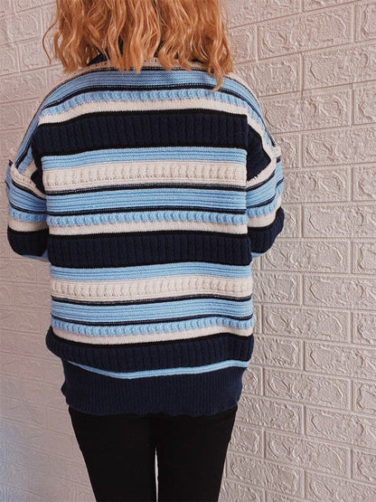 Striped Drop Shoulder Round Neck Sweater.