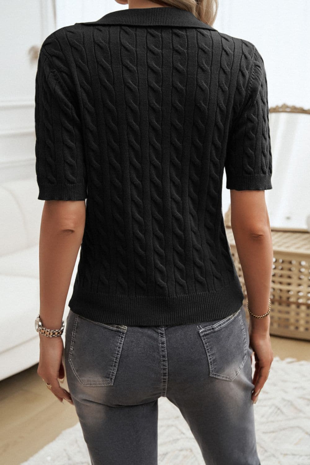 Cable-Knit Short Sleeve Sweater.