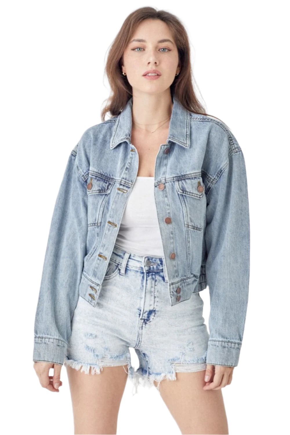 RISEN Full Size Button Down Cropped Denim Jacket