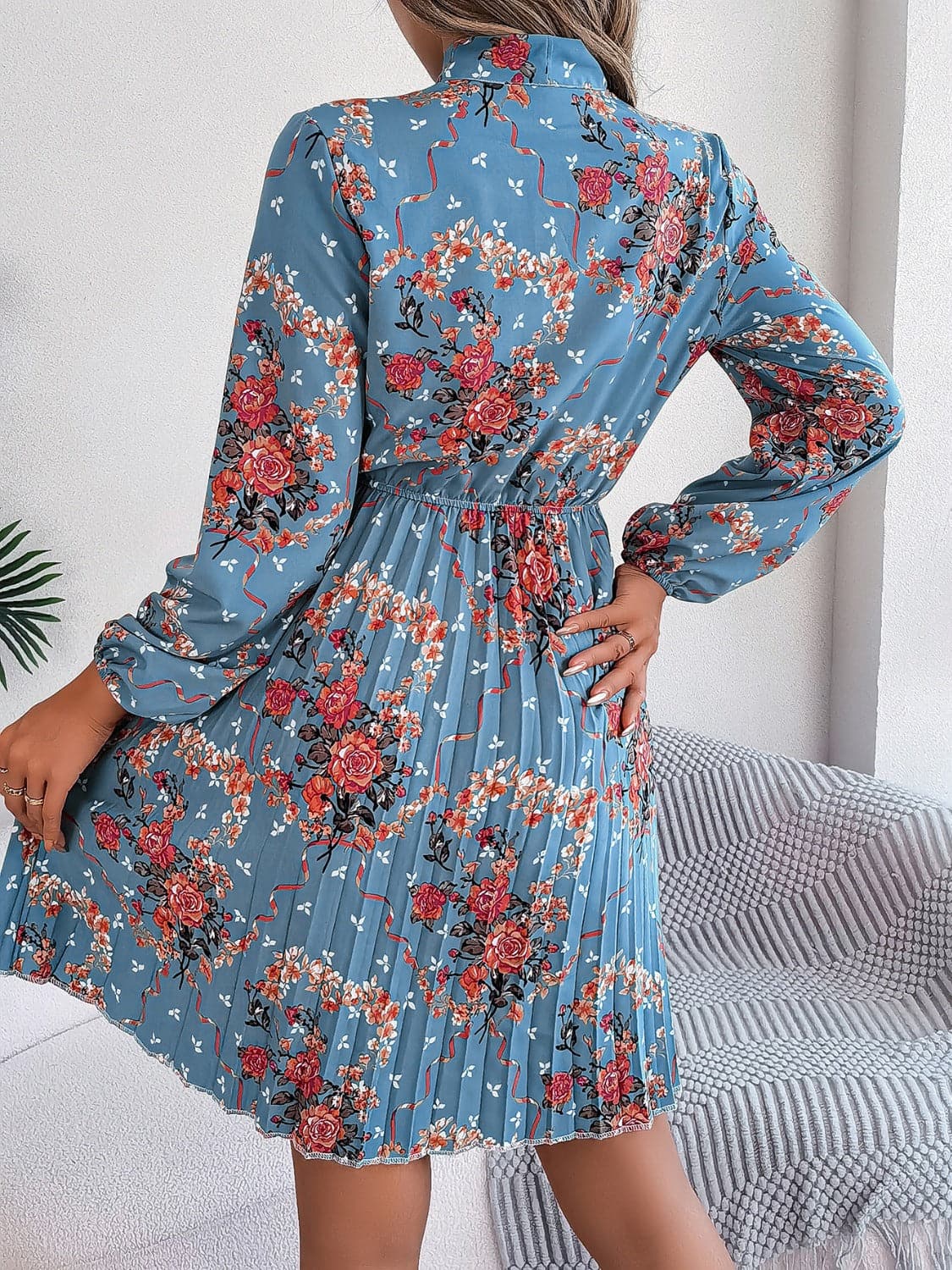 Pleated Printed Tie Neck Long Sleeve Dress.