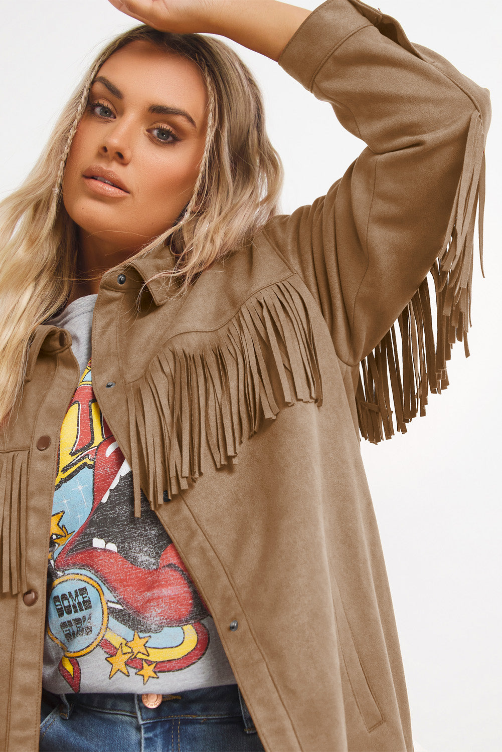 Chic khaki fringe plus size suede shacket for a stylish wardrobe update