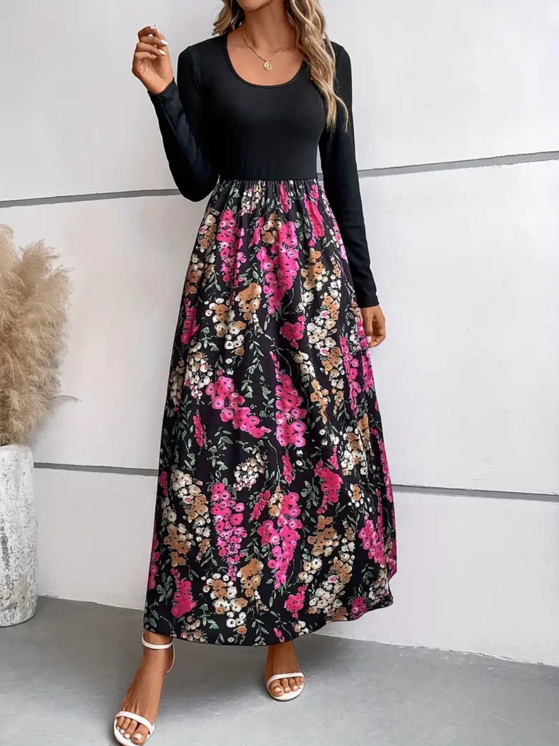 Floral Round Neck Long Sleeve Maxi Dress.