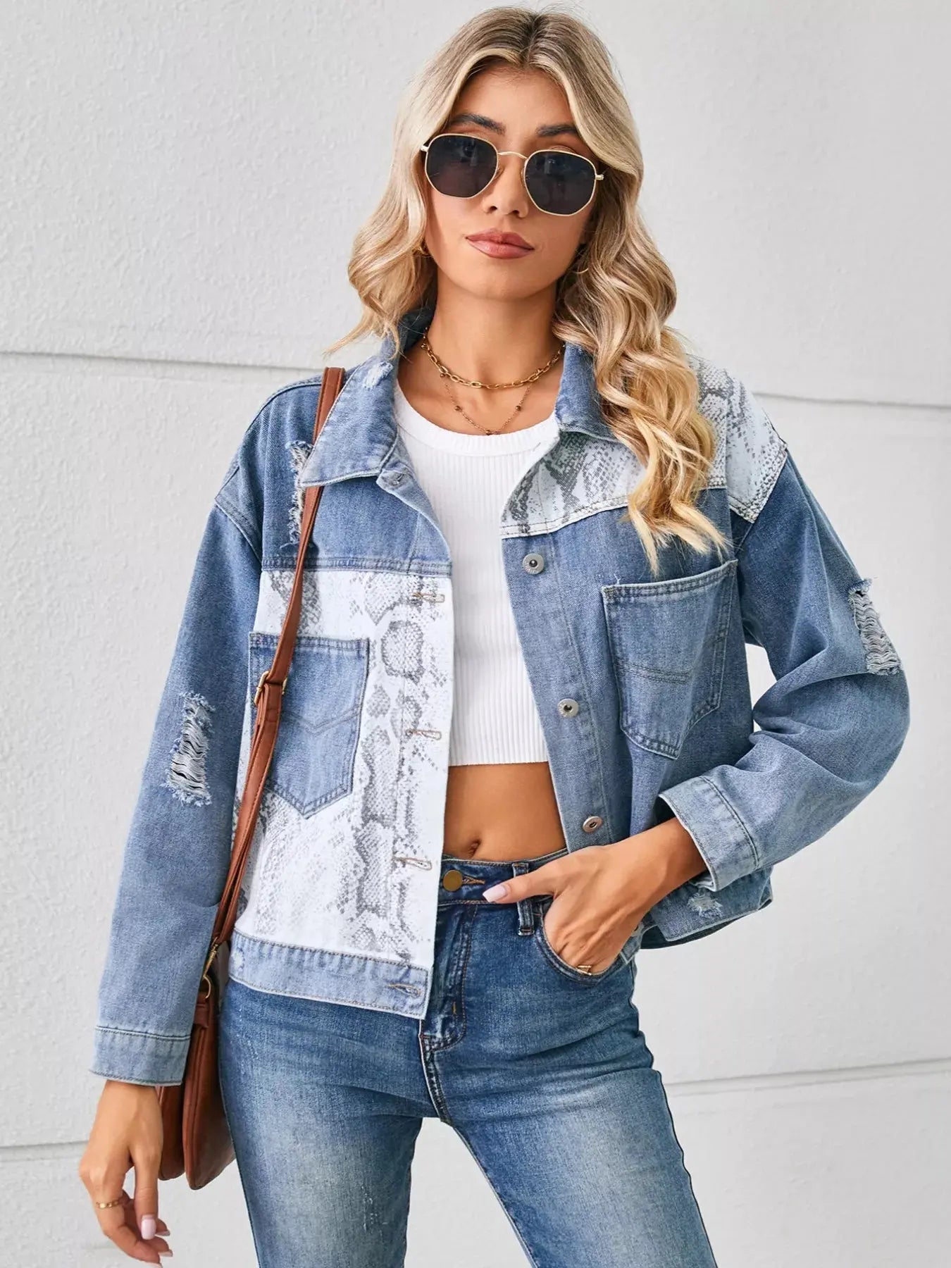 Snake Print Button Up Denim Jacket Simply Love