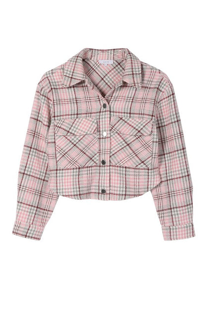 Chic plaid cropped jacket with shirt collar