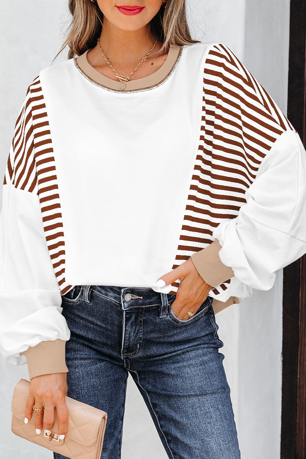 Brown Stripe Colorblock Patchwork Oversize Sweatshirt