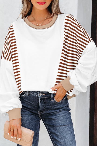 Brown Stripe Colorblock Patchwork Oversize Sweatshirt
