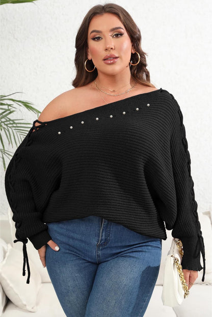 Plus Size One Shoulder Beaded SweaterPattern type: Solid
Style: Casual
Features: Tied
Neckline: One shoulder
Length: Long
Sleeve length: Long sleeves
Sleeve type: Regular sleeves
Material composition: 1Love Salve Shoulder Beaded Sweaterplus