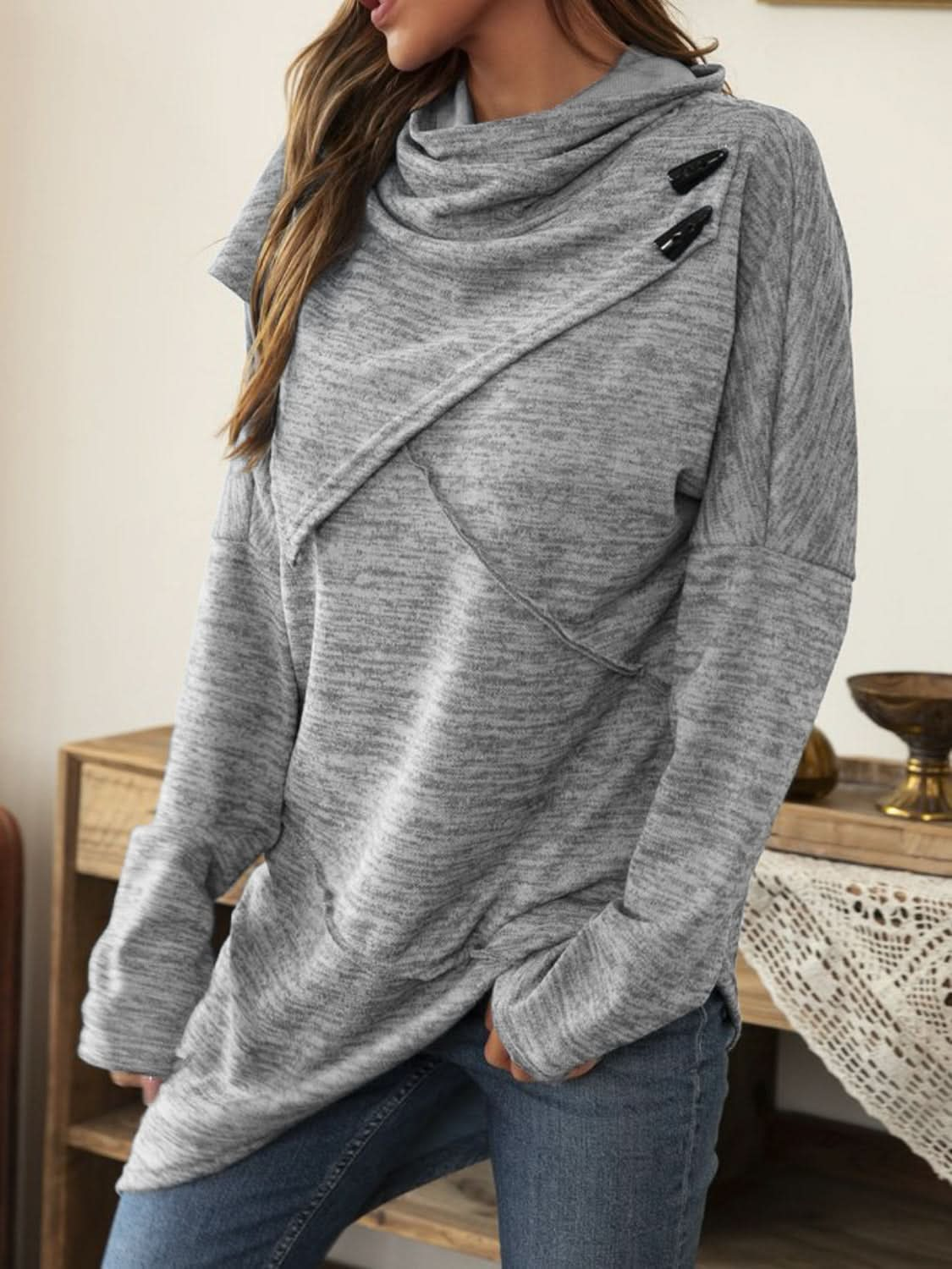 Asymmetrical hem cowl neck tee