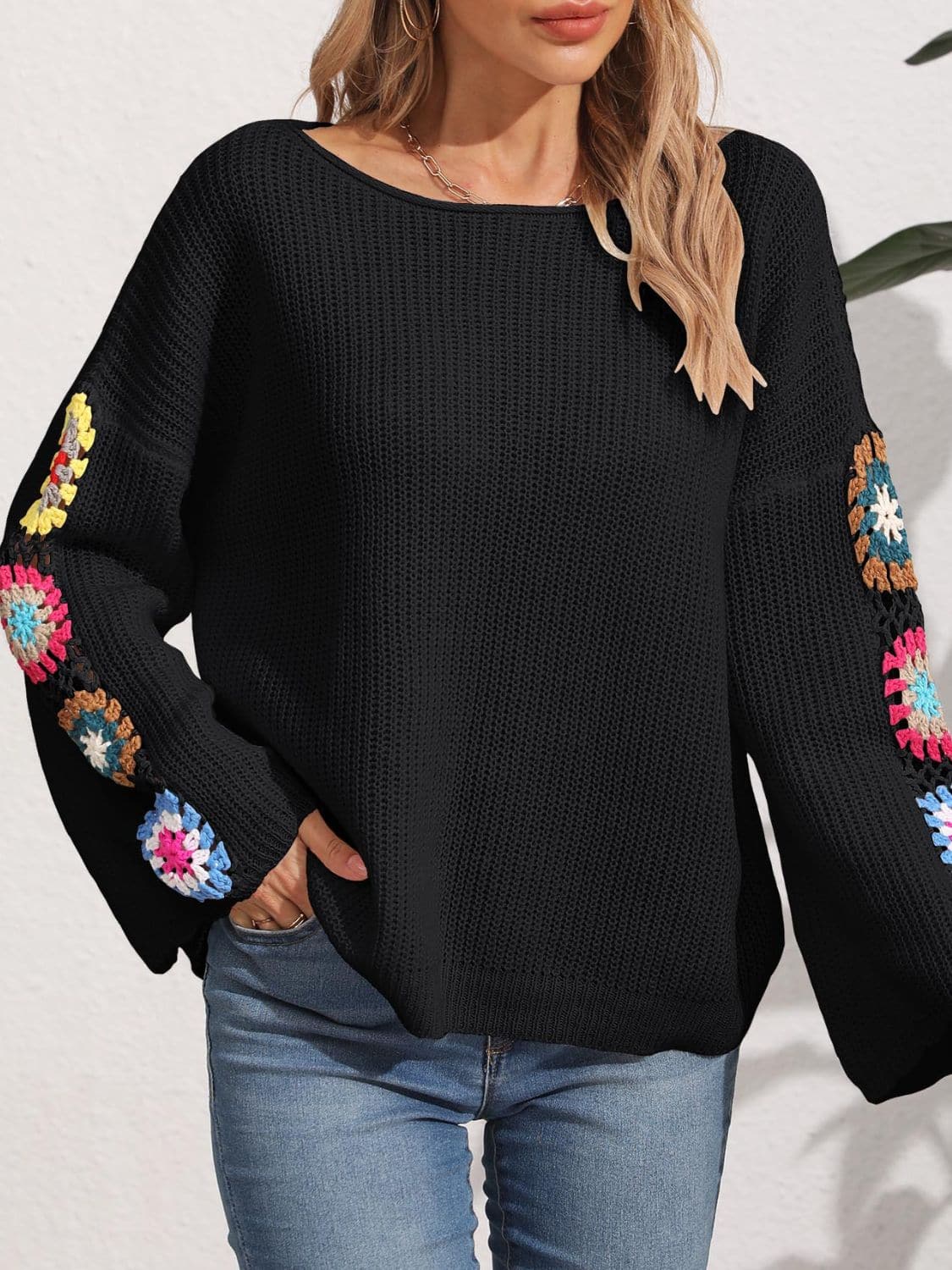 Crochet floral long sleeve knit sweater