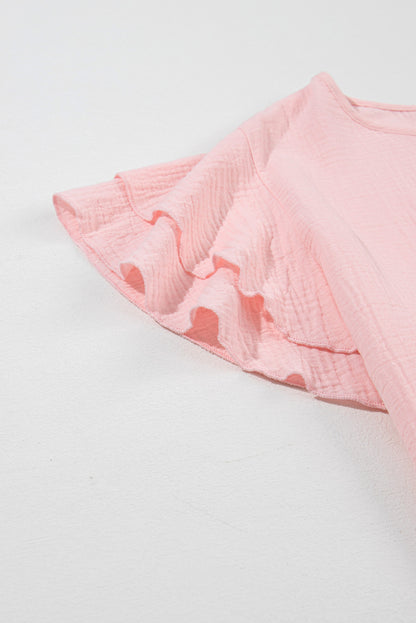 Light pink plus size ruffle sleeve top with crinkle texture