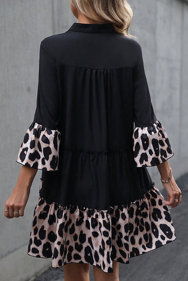 Leopard print ruffle dress with split neck detail