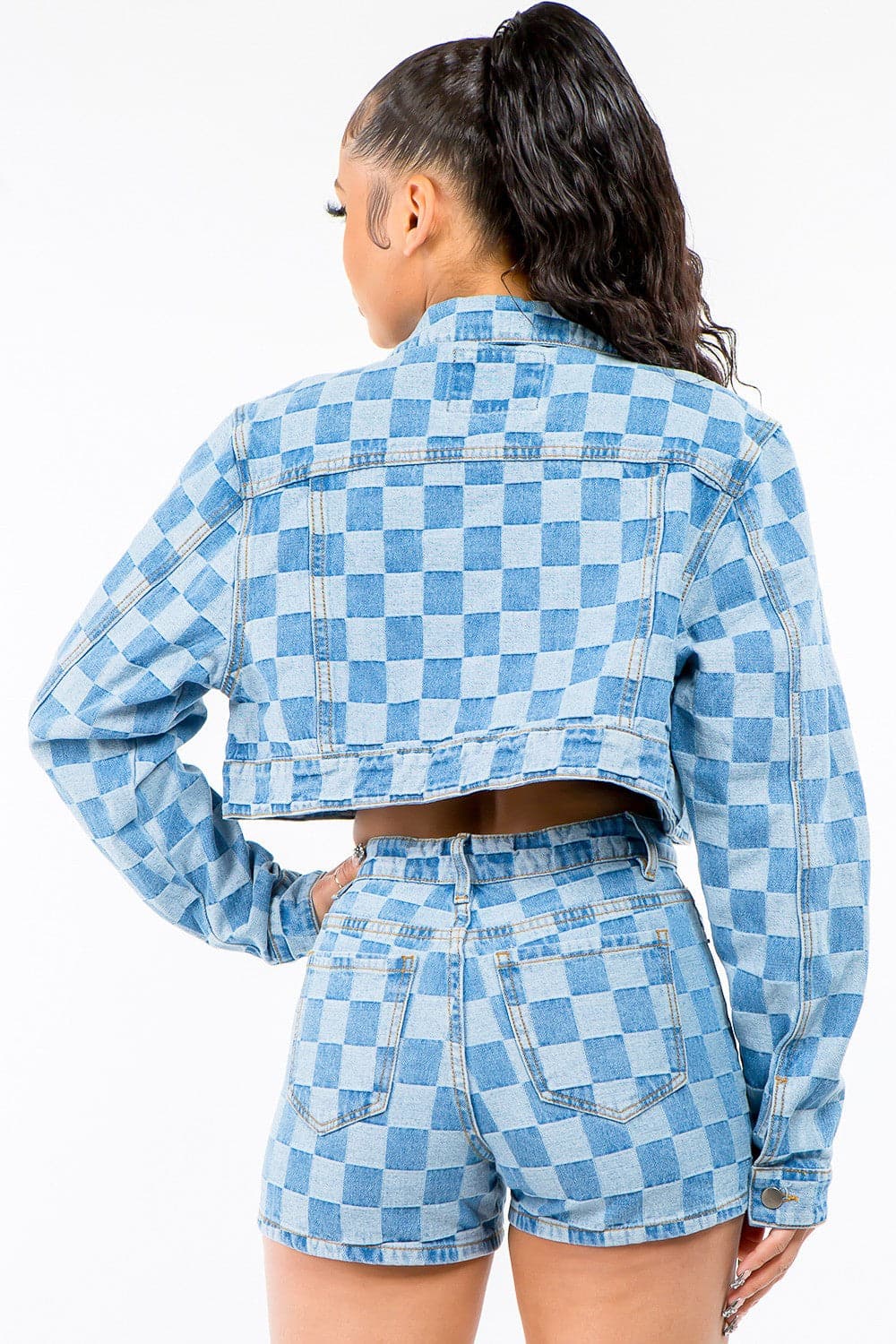 American Bazi Checkered Long Sleeve Cropped Denim Jacket.