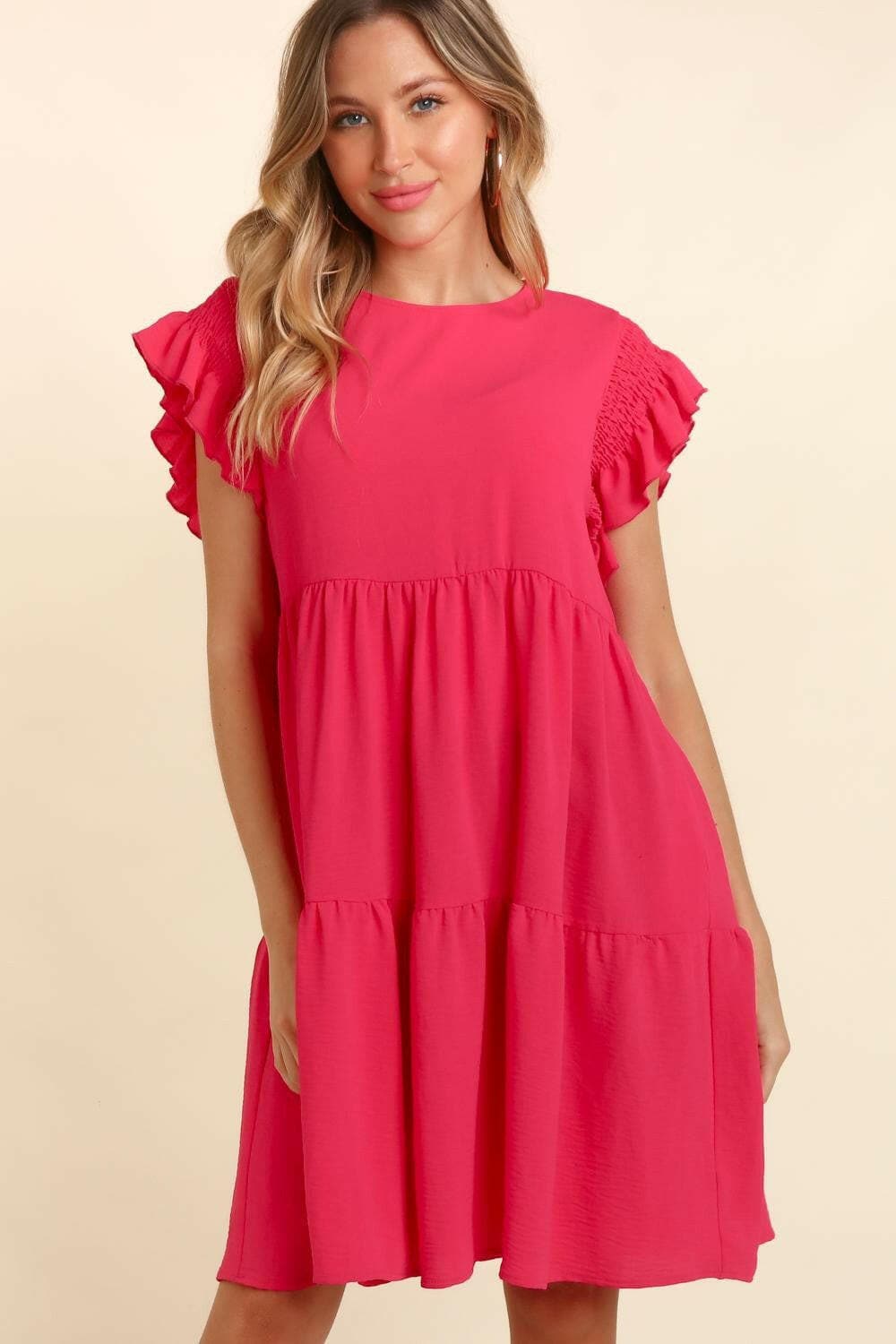 Haptics Full Size Smocking Ruffle Short Sleeve Dress with Pockets.