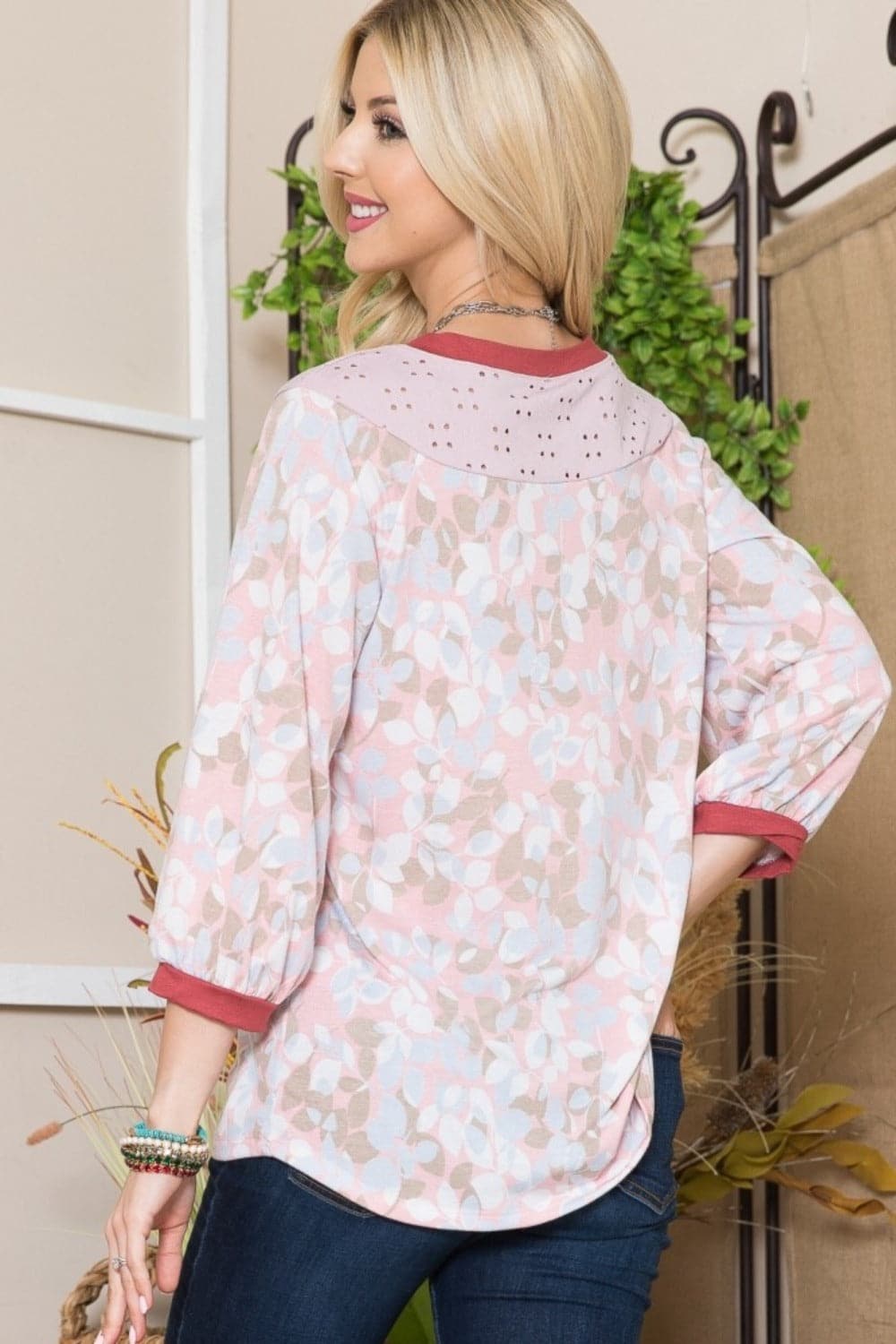 Celeste Full Size Leaf Print Contrast Trim Balloon Sleeve Top.