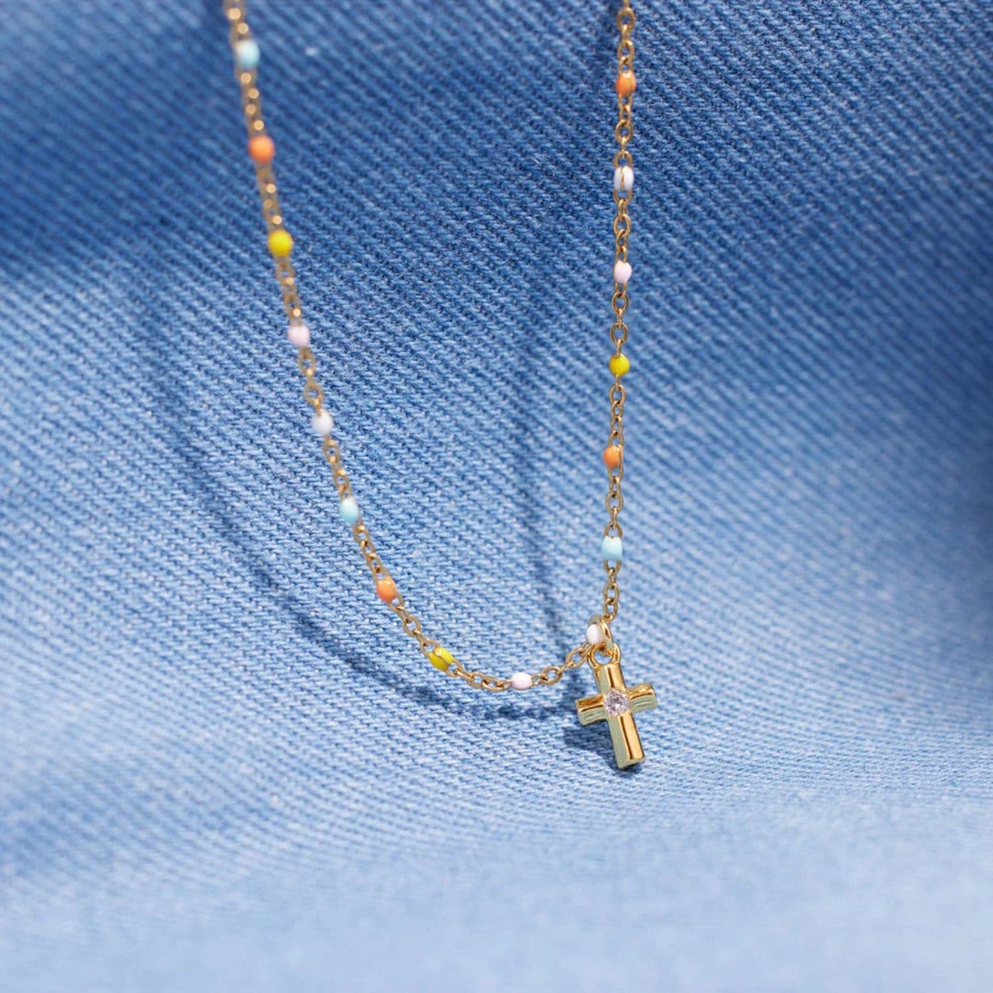 Inlaid Zircon 18K Gold-Plated Cross Bead Necklace.