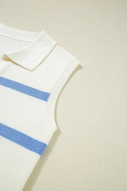 Stripe Split V Neck Collared Ribbed Sweater Vest