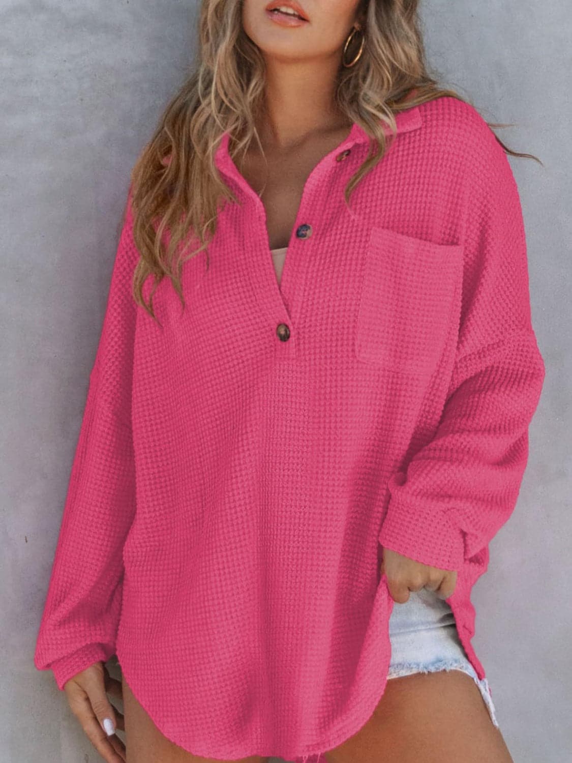 Waffle-Knit Dropped Shoulder Long Sleeve Sweatshirt.