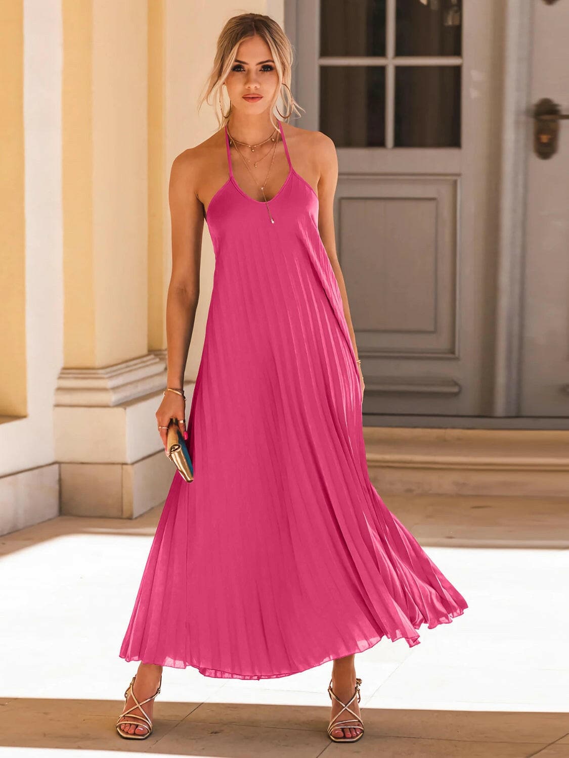 Pleated Halter Neck Sleeveless Dress.