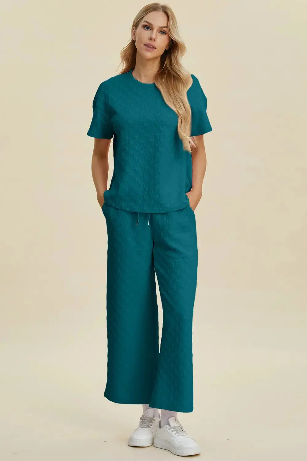 Double Take Full Size Texture Round Neck Short Sleeve Top and Pants Set - Love Salve