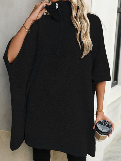 Slit Quarter Zip Half Sleeve Sweater.