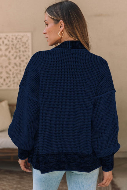 Waffle-knit Pocketed Open Front Cardigan.