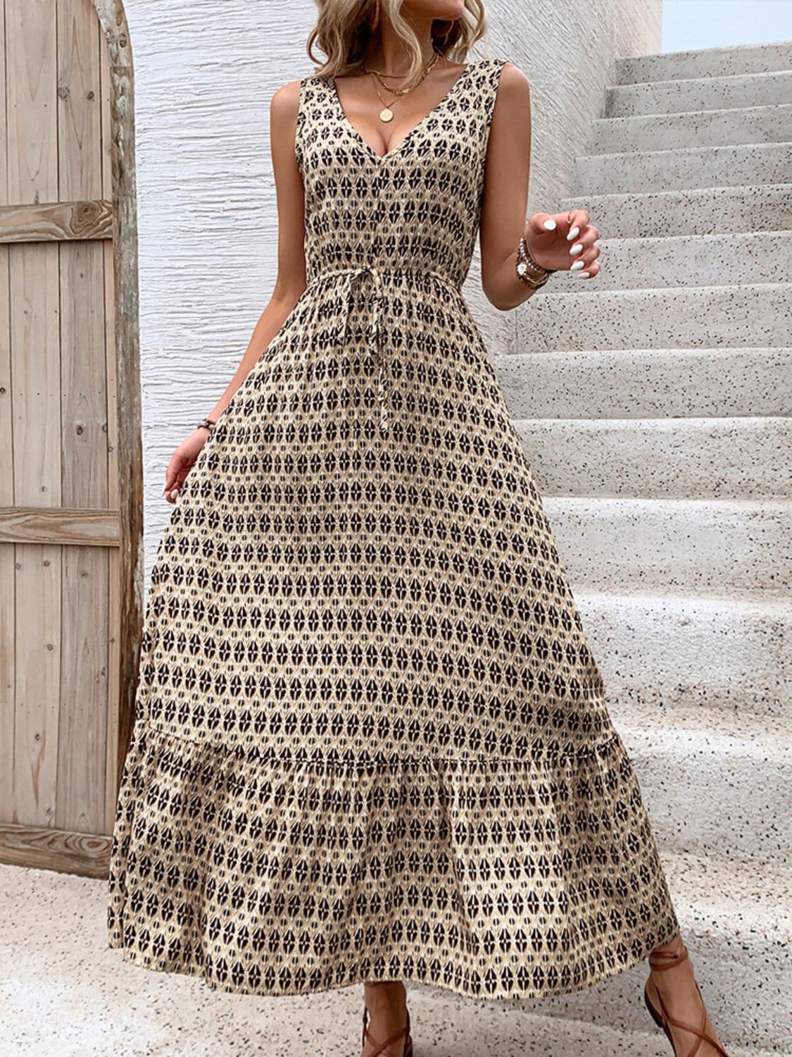 Printed V-Neck Tie Waist Midi Dress.