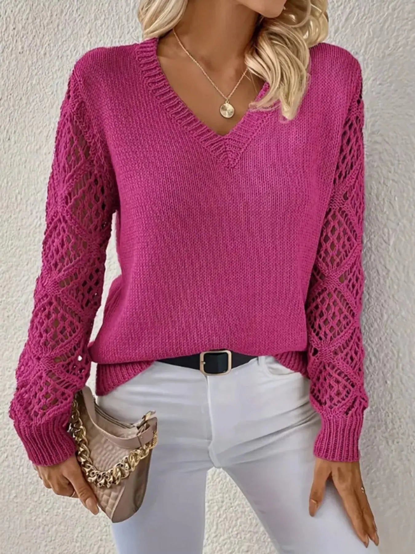 V-Neck Crochet Sleeve Sweater Simply Love