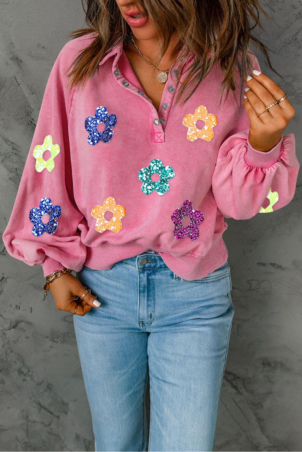 Sequin Flower Half Snap Lantern Sleeve Sweatshirt.