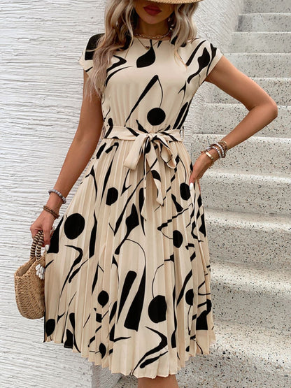 Tied Pleated Printed Cap Sleeve Dress.