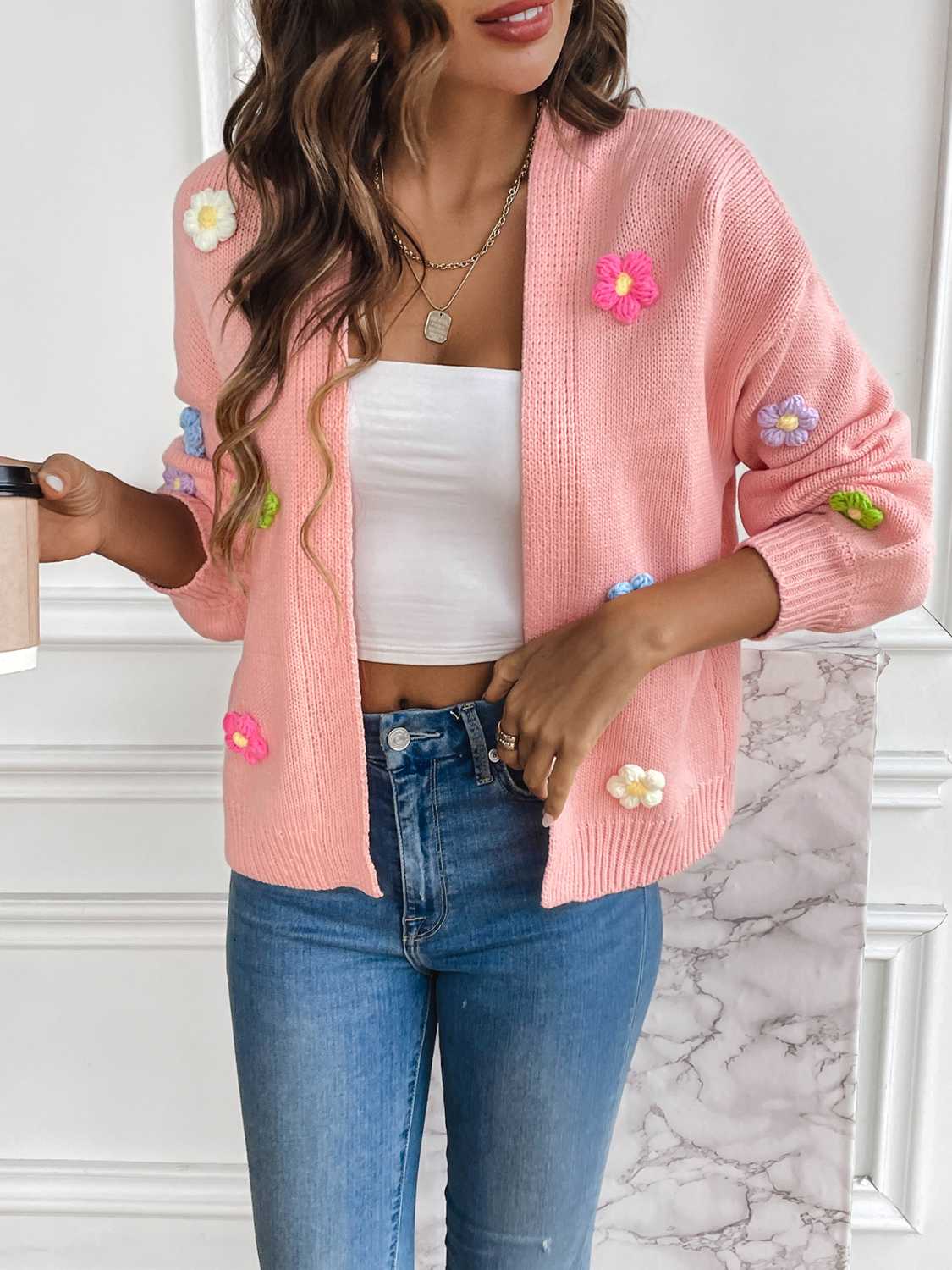 Floral Long Sleeve Open Front Cardigan.