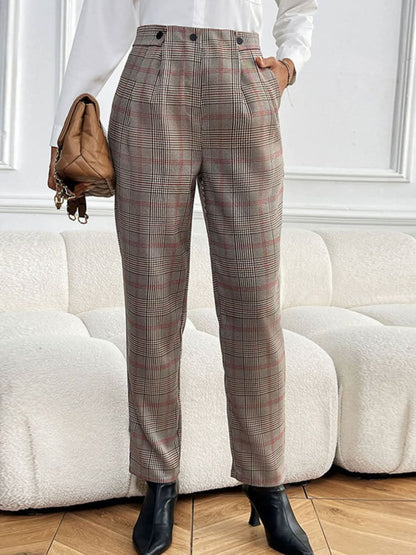 Chic plaid straight-leg pants with functional pockets