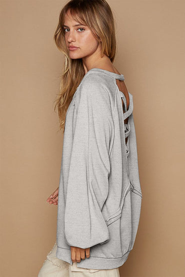 POL Back Cross Strap Detail Balloon Sleeve Sweatshirt.