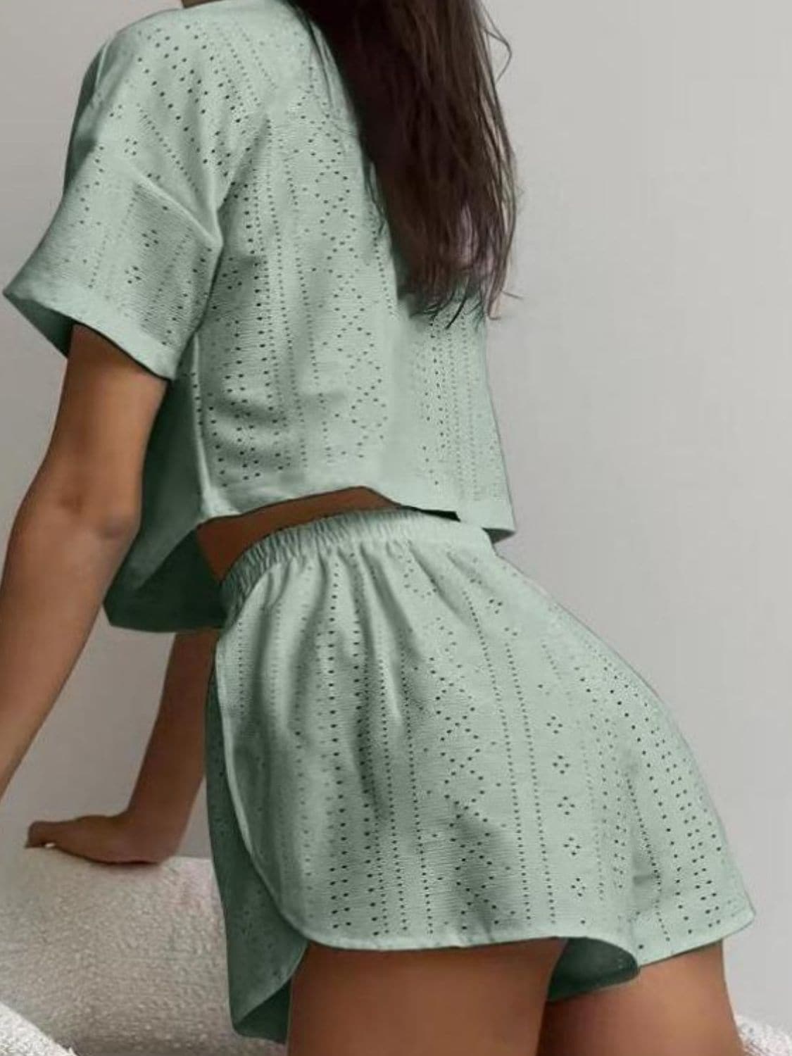 Eyelet Round Neck Top and Shorts Set.