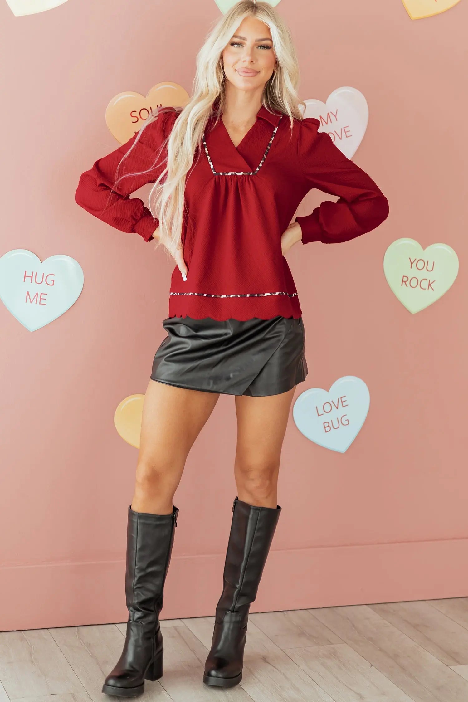 Fiery Red Collar V Neck Leopard Print Textured Blouse Dear-Lover Dropshipping