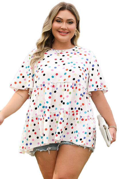Beige Plus Size Babydoll Blouse with Colorful Polka Dot Print and Ruffled Short Sleeves
