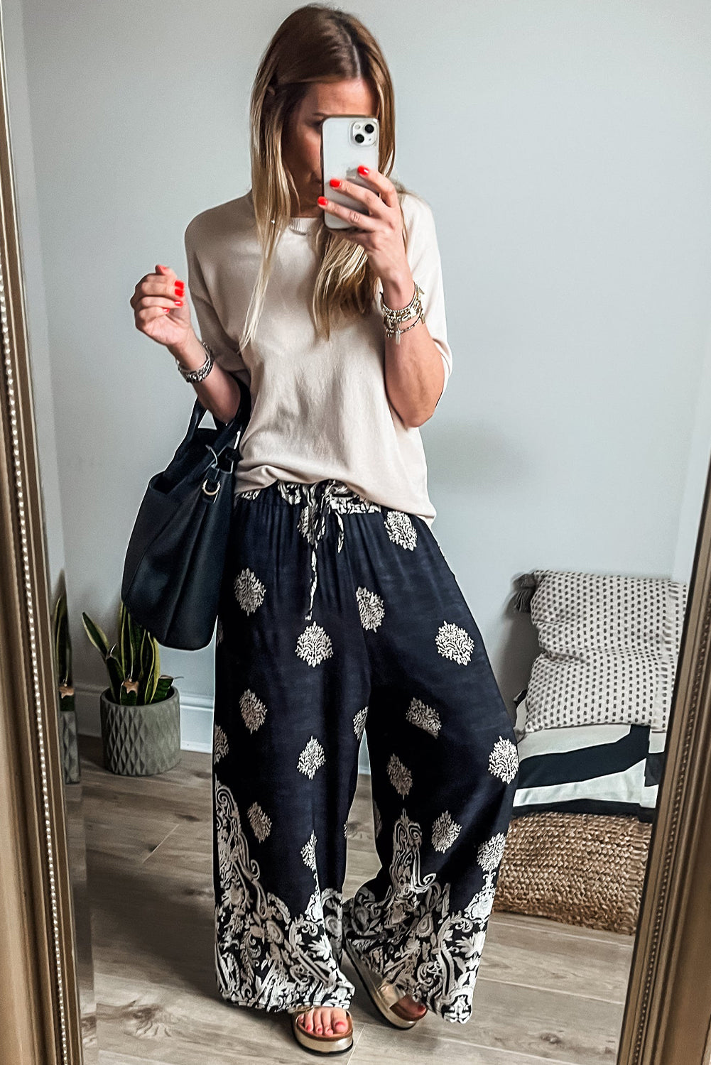 Boho black wide-leg trousers