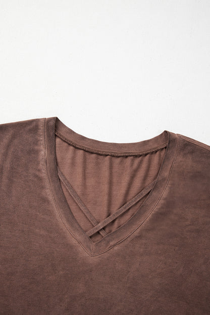 Chestnut Criss Cross V Neck Casual Tee with Unique Mineral Wash