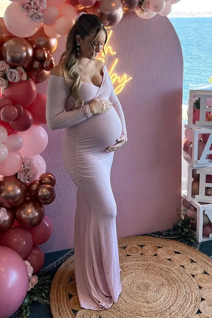 PinkBlush Pink Metallic Off Shoulder Long Sleeve Wrap Maternity Photoshoot Gown/Dress PinkBlush