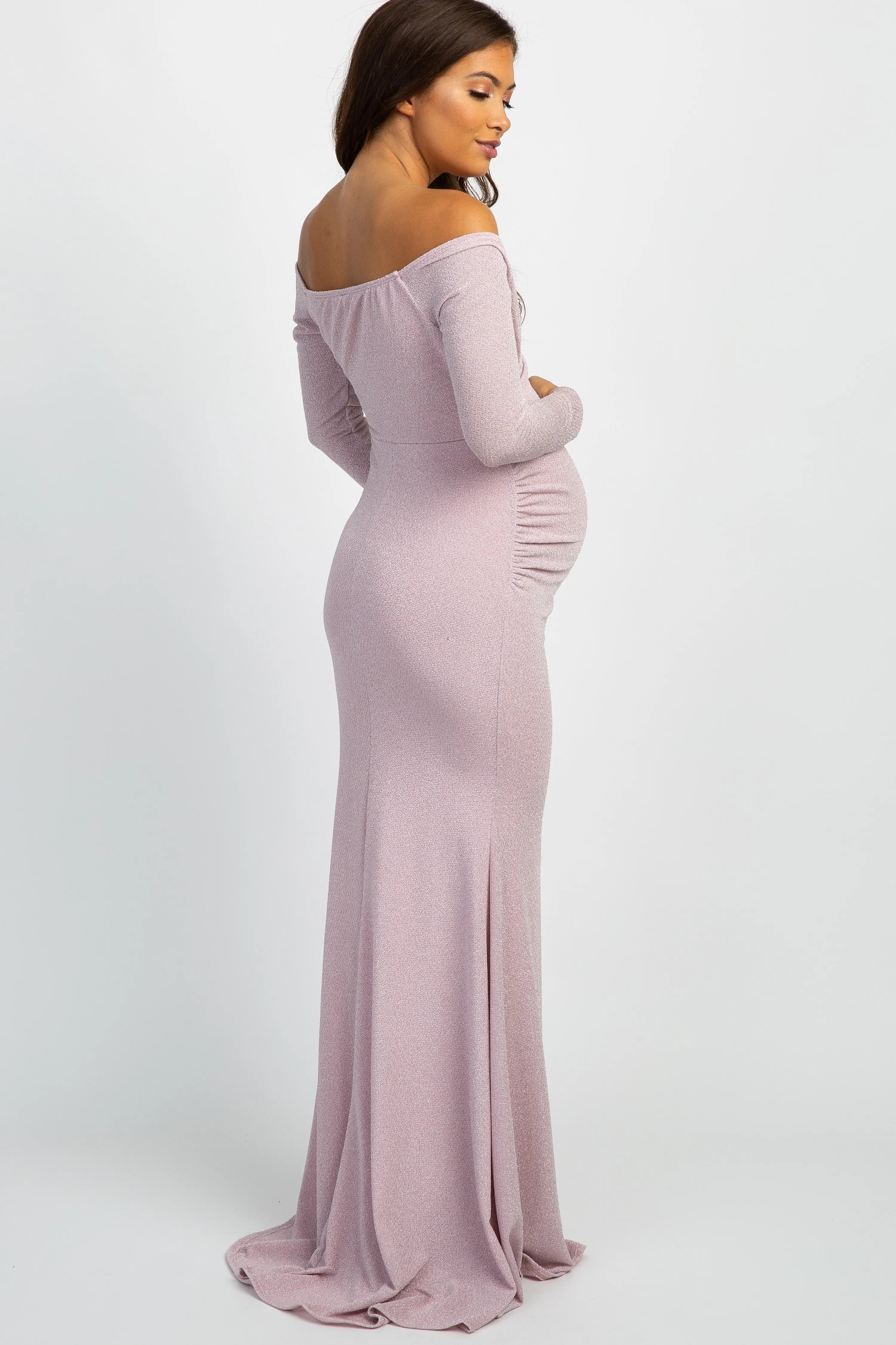 PinkBlush Pink Metallic Off Shoulder Long Sleeve Wrap Maternity Photoshoot Gown/Dress PinkBlush