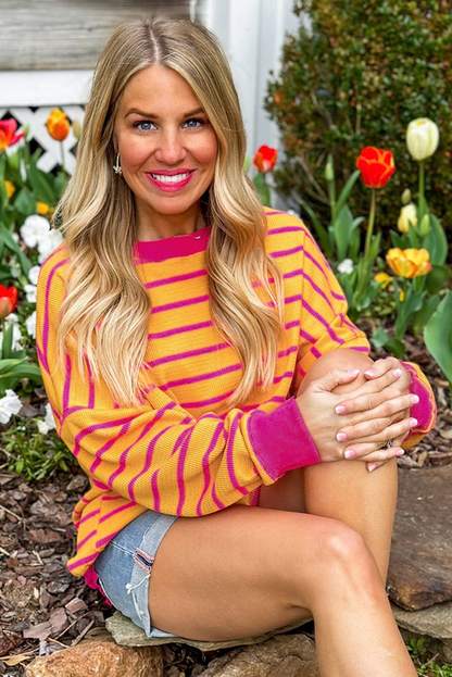 Casual orange striped drop shoulder sweater with round neckline