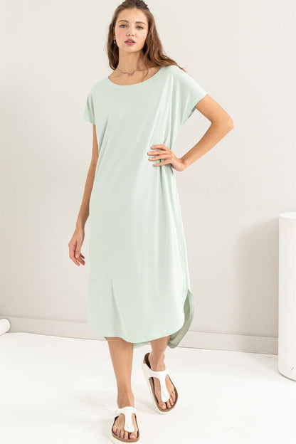 HYFVE Short Sleeve High-Low Slit Midi Dress.