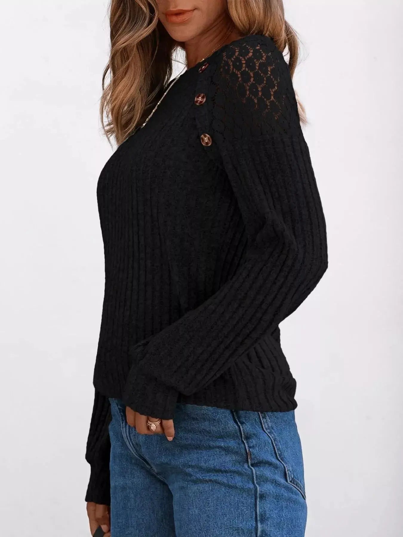 Ribbed Knit T-Shirt with Lace Shoulder Detail Simply Love