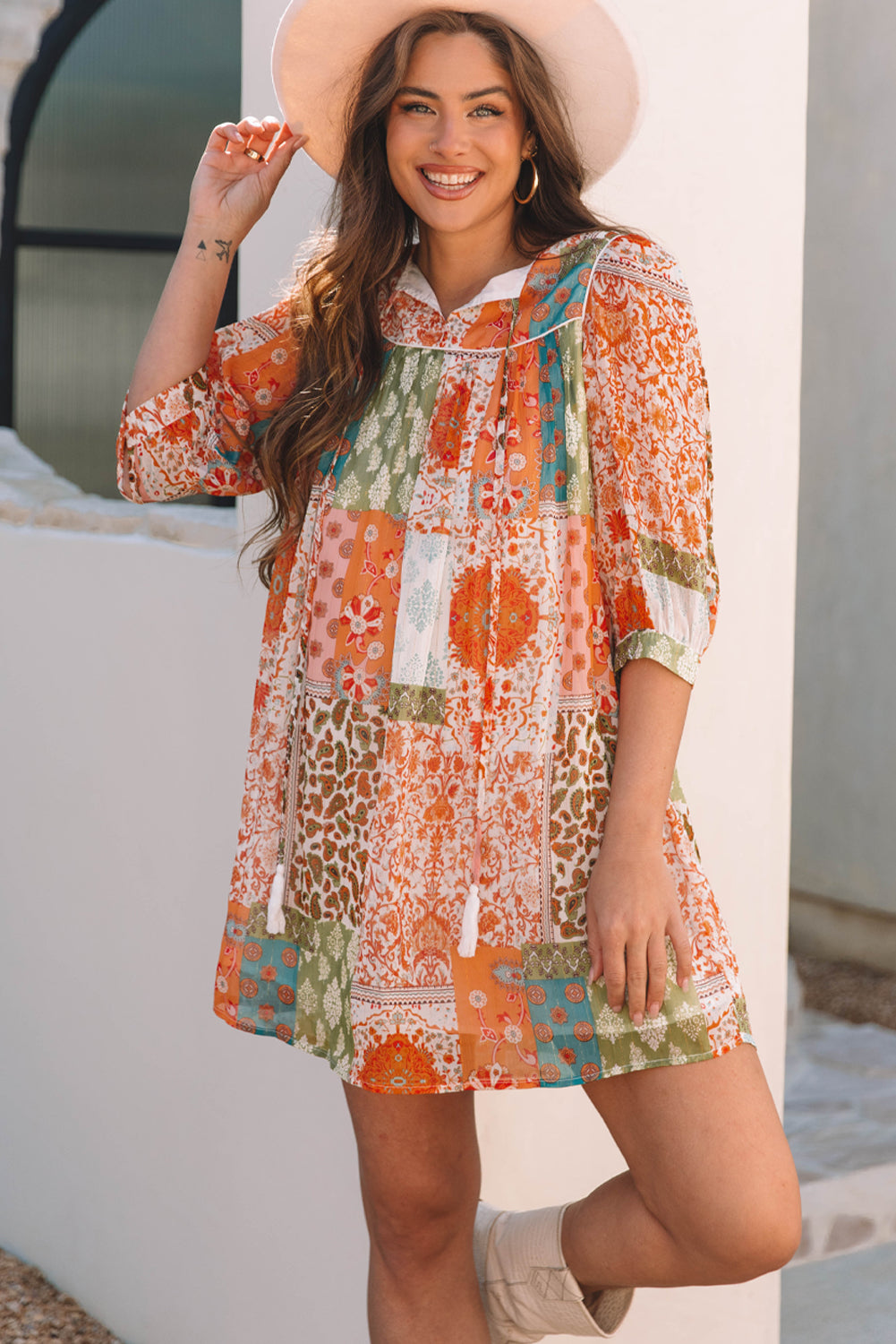 Orange Boho Paisley Mixed Print 3/4 Sleeve Chiffon Loose Dress