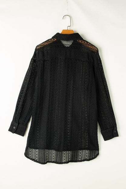 Openwork Collared Neck Long Sleeve Shirt.